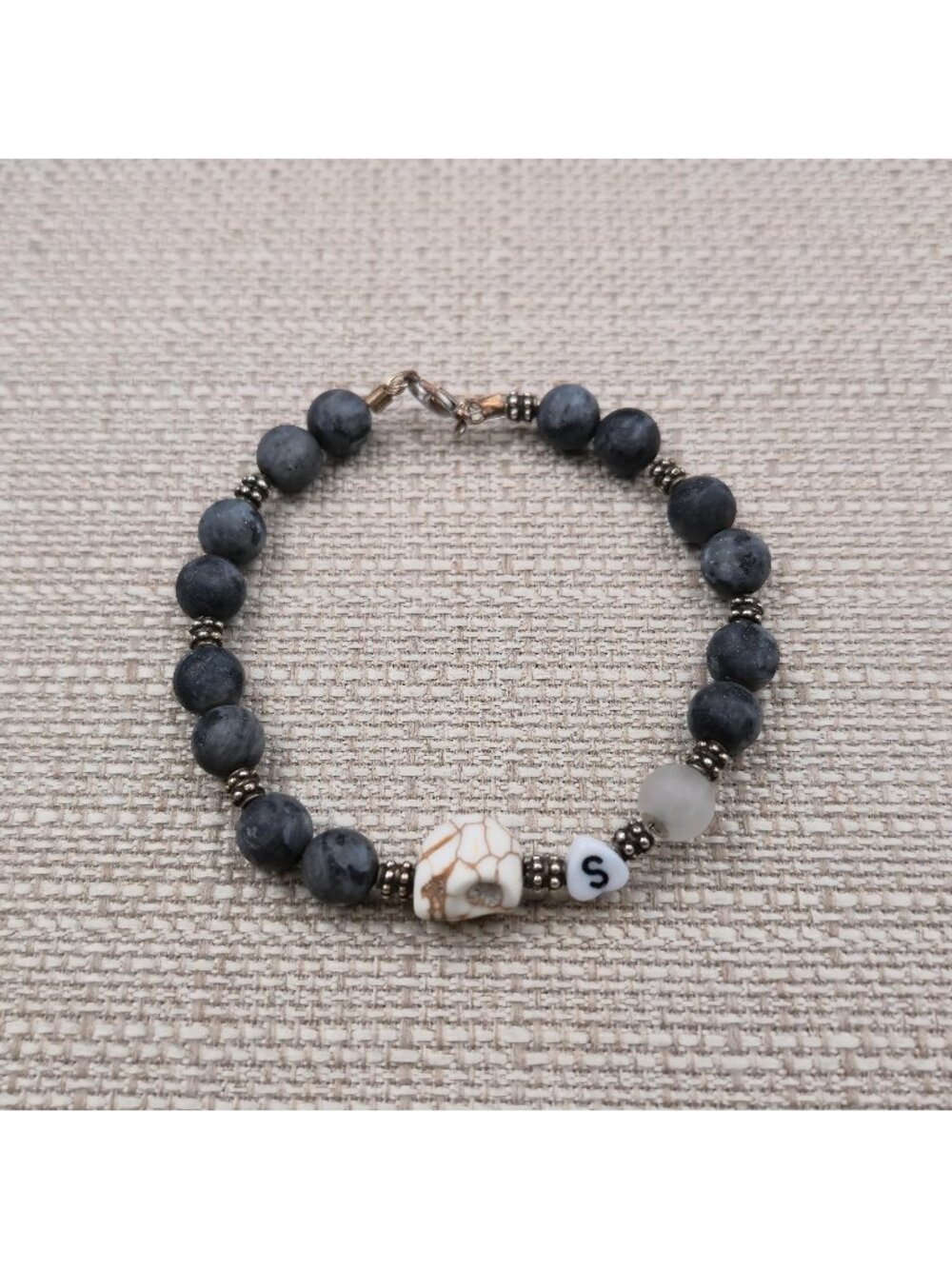 8.5 Inch Custom Initial Letter S Stone Skull Beaded Bracelet B1286